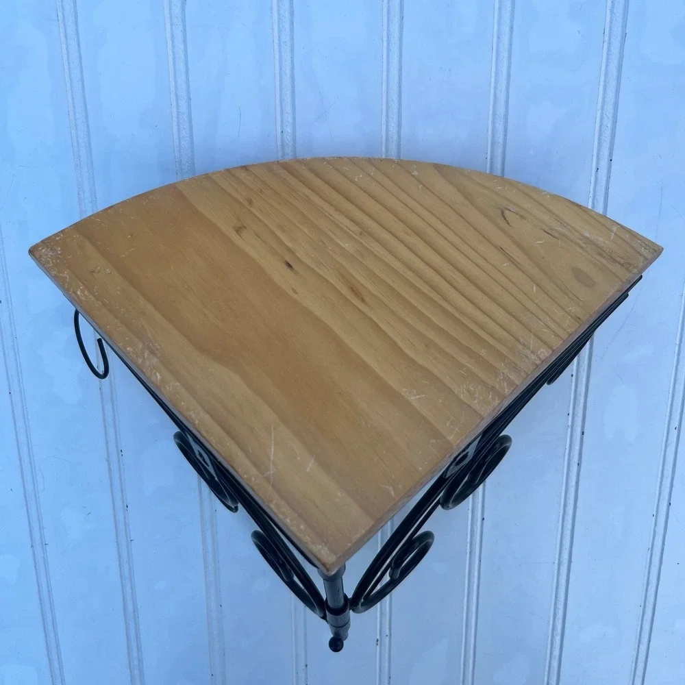 Vintage Corner Wall Shelf Wood Top Black Wrought Iron Scrollwork Bracket 8.5in